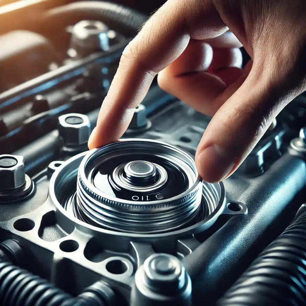 Bir kişinin eliyle açtığı araba motoru yağ kapağının yakın çekim görüntüsü. Kapak, etrafında görünür metal parçalar bulunan bir araba motorunun üstünde yer alıyor. Arka plan motor bölmesinin bir kısmını gösteriyor ve motor parçalarından yansıyan ışık, temizlik ve bakımı vurguluyor.