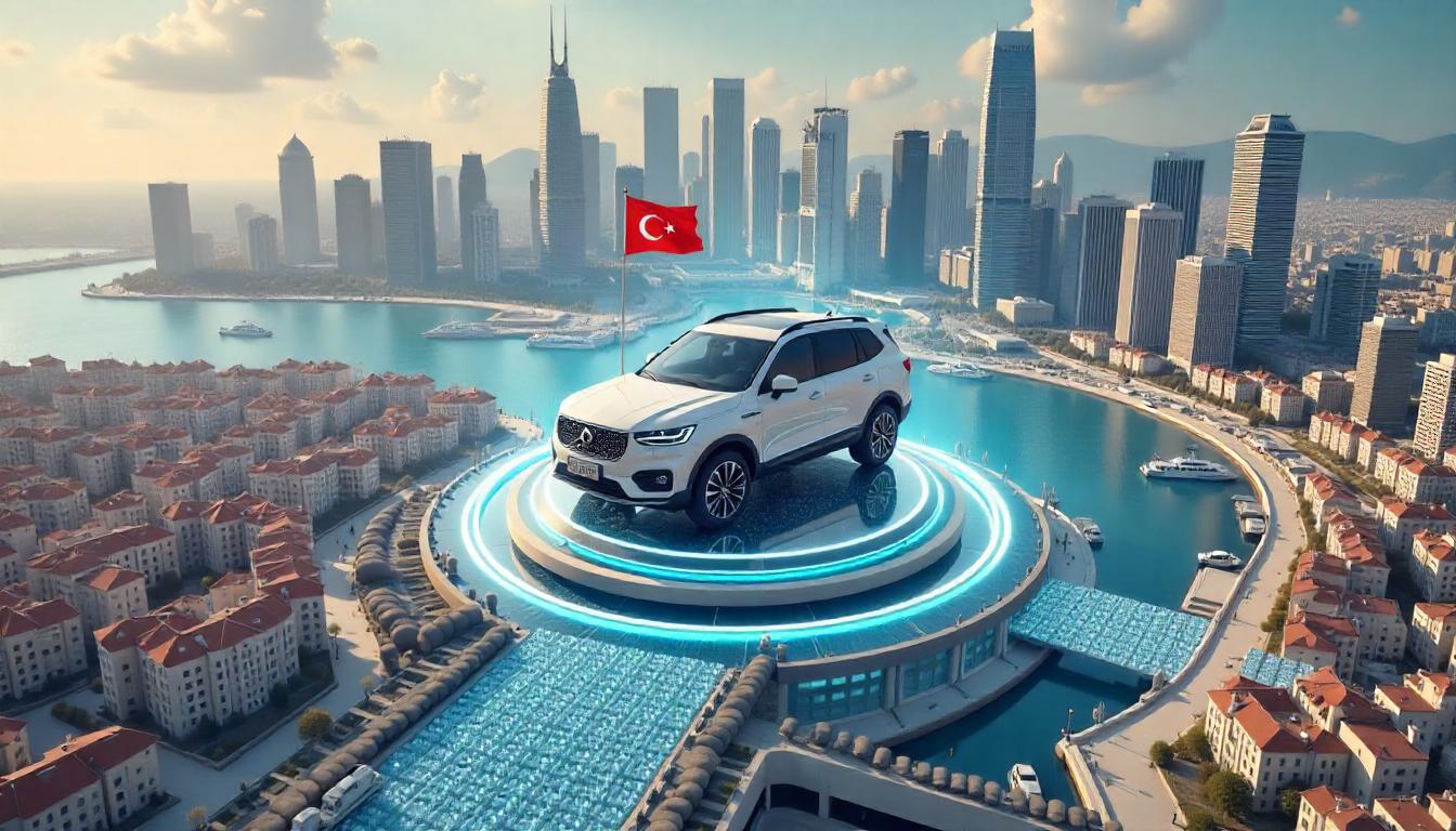 mavi parlayan bir platformda gri bir SUV arabası