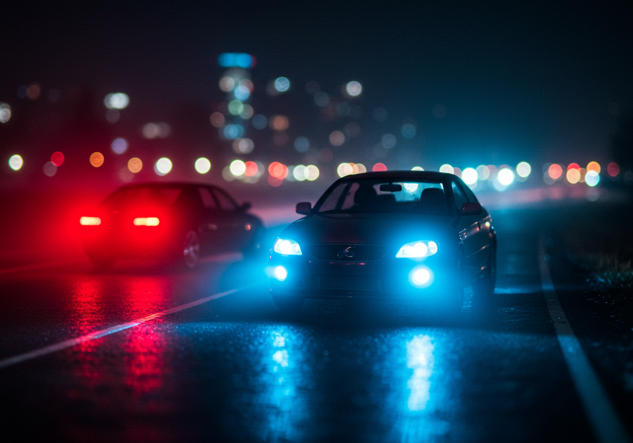 Night highway traffic with wet road reflections, blue and red headlights and taillights, capturing Kaza Yapan Bir Şoförün Psikolojisi and Amaksofobi.