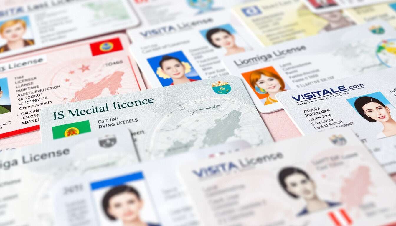 A close-up view of multi-color driving licenses and ID cards, with blurred text and photo areas representing Türkiye ehliyet sınıfları for 2025.